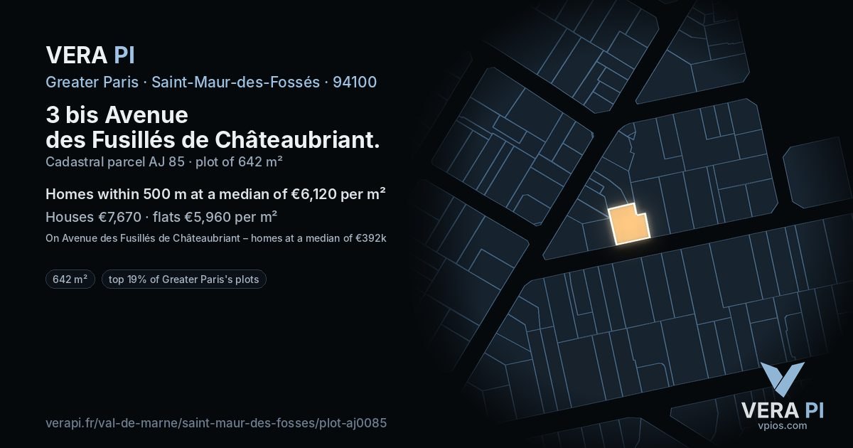 3 bis Avenue des Fusillés de Châteaubriant, Saint-Maur-des-Fossés at night – the plot lit, the parcels around coloured by the prices near them