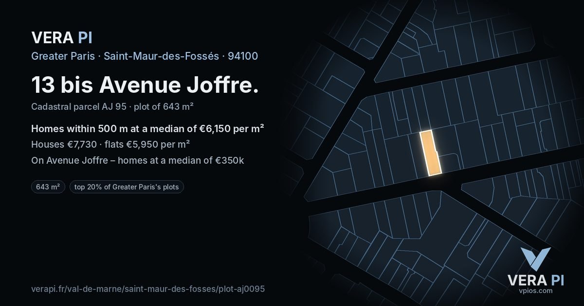 13 bis Avenue Joffre, Saint-Maur-des-Fossés at night – the plot lit, the parcels around coloured by the prices near them