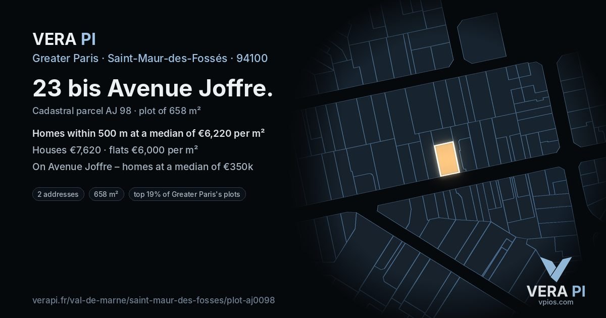 23 bis Avenue Joffre, Saint-Maur-des-Fossés at night – the plot lit, the parcels around coloured by the prices near them