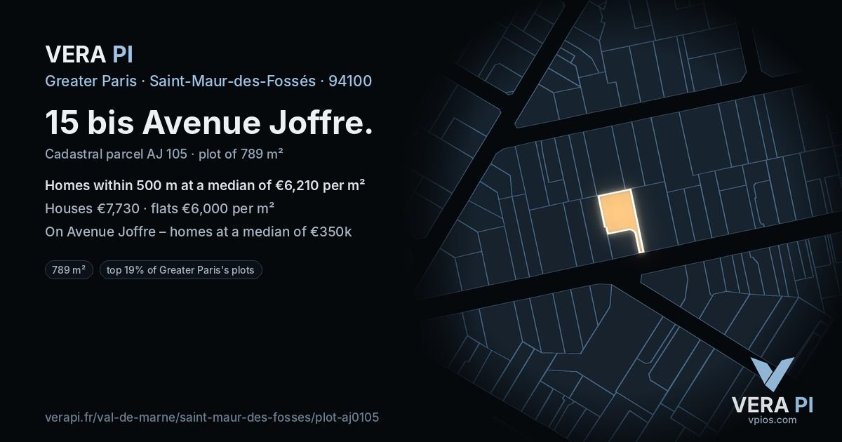 15 bis Avenue Joffre, Saint-Maur-des-Fossés at night – the plot lit, the parcels around coloured by the prices near them