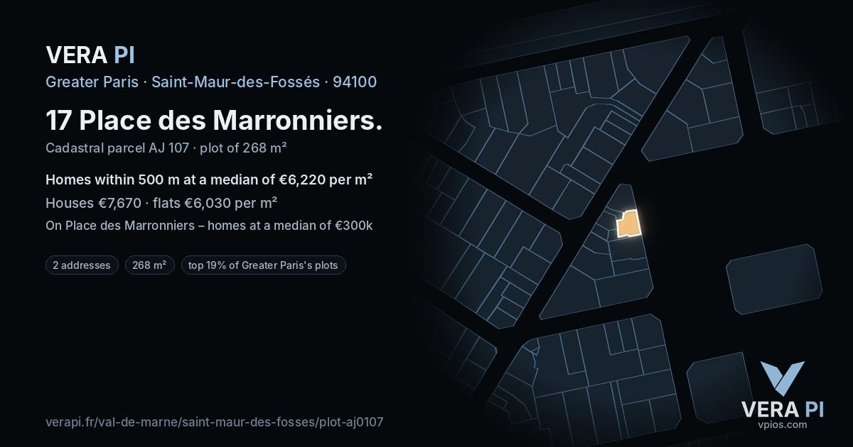 17 Place des Marronniers, Saint-Maur-des-Fossés at night – the plot lit, the parcels around coloured by the prices near them