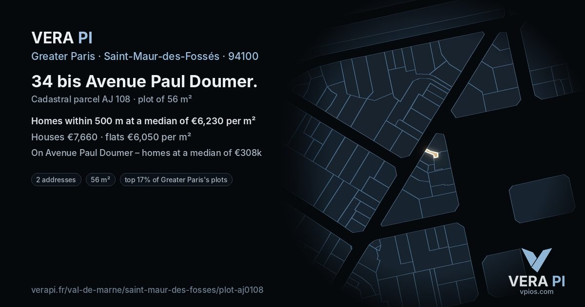 34 bis Avenue Paul Doumer, Saint-Maur-des-Fossés at night – the plot lit, the parcels around coloured by the prices near them