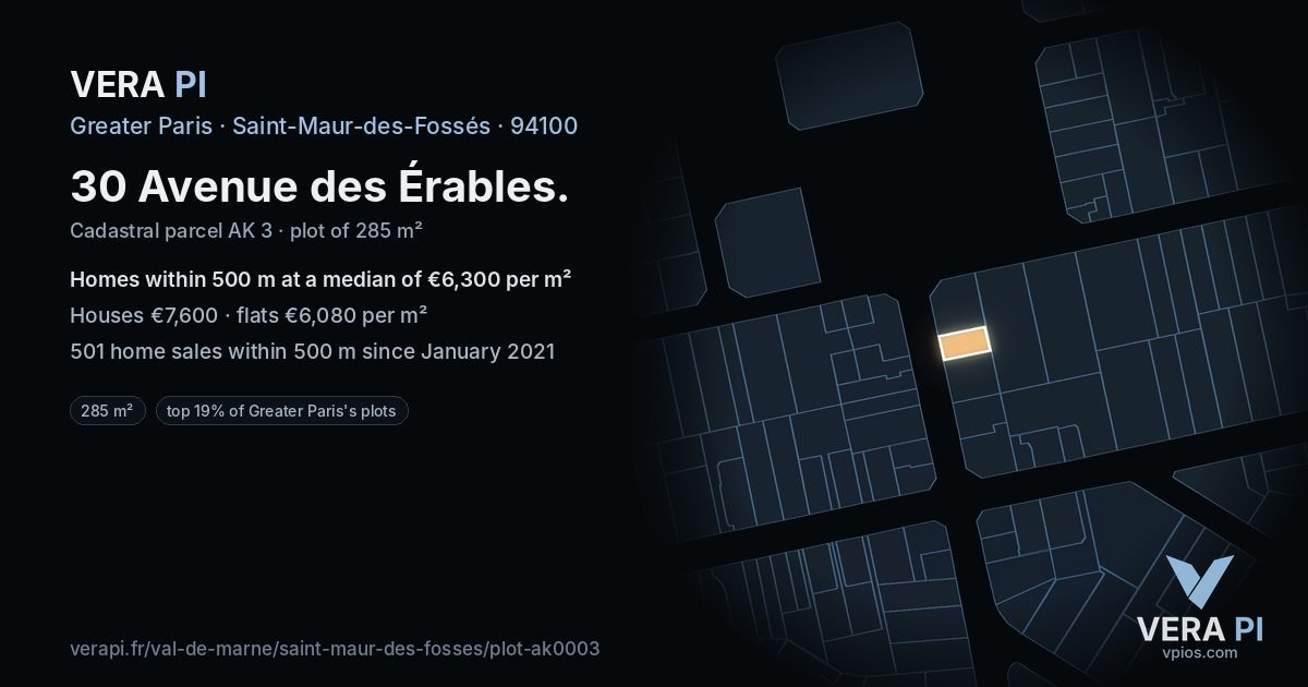 30 Avenue des Érables, Saint-Maur-des-Fossés at night – the plot lit, the parcels around coloured by the prices near them