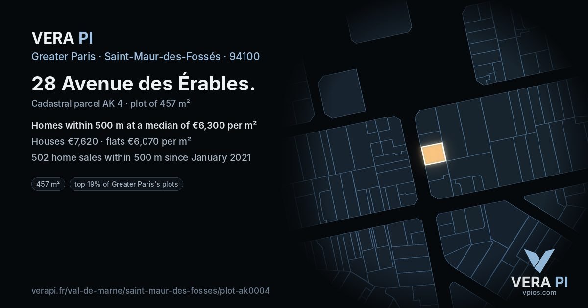 28 Avenue des Érables, Saint-Maur-des-Fossés at night – the plot lit, the parcels around coloured by the prices near them