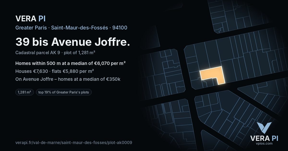 39 bis Avenue Joffre, Saint-Maur-des-Fossés at night – the plot lit, the parcels around coloured by the prices near them