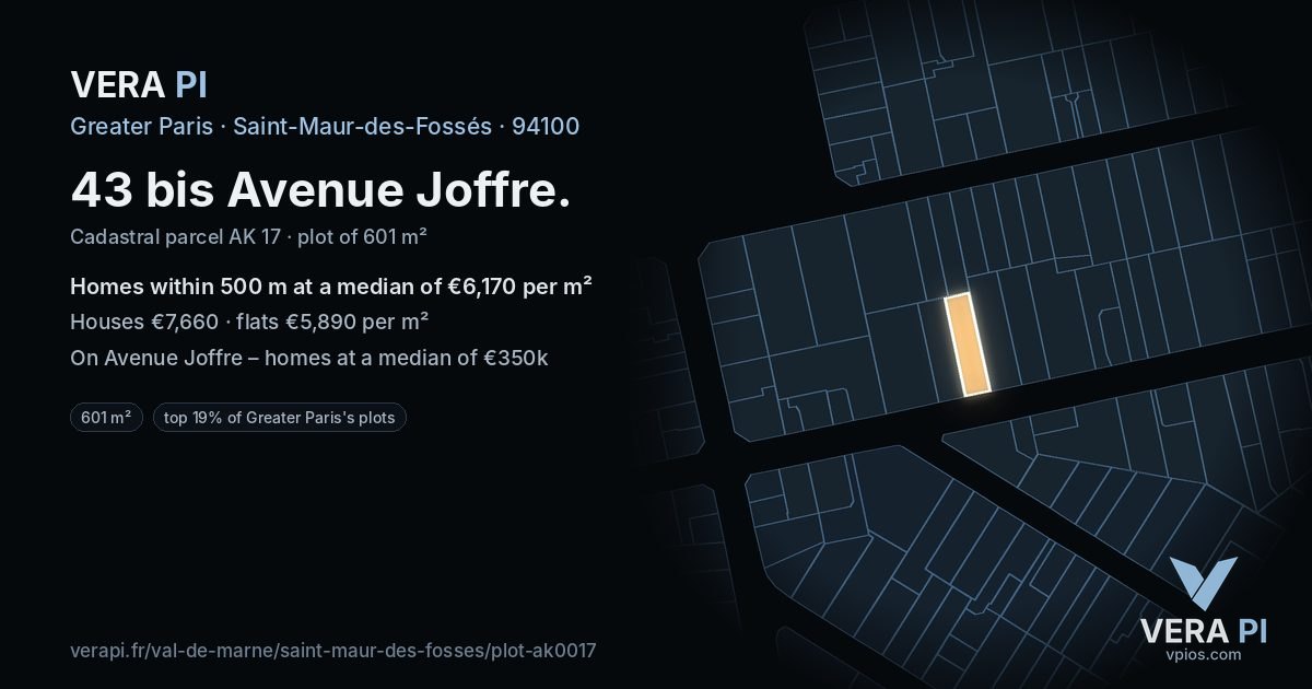 43 bis Avenue Joffre, Saint-Maur-des-Fossés at night – the plot lit, the parcels around coloured by the prices near them