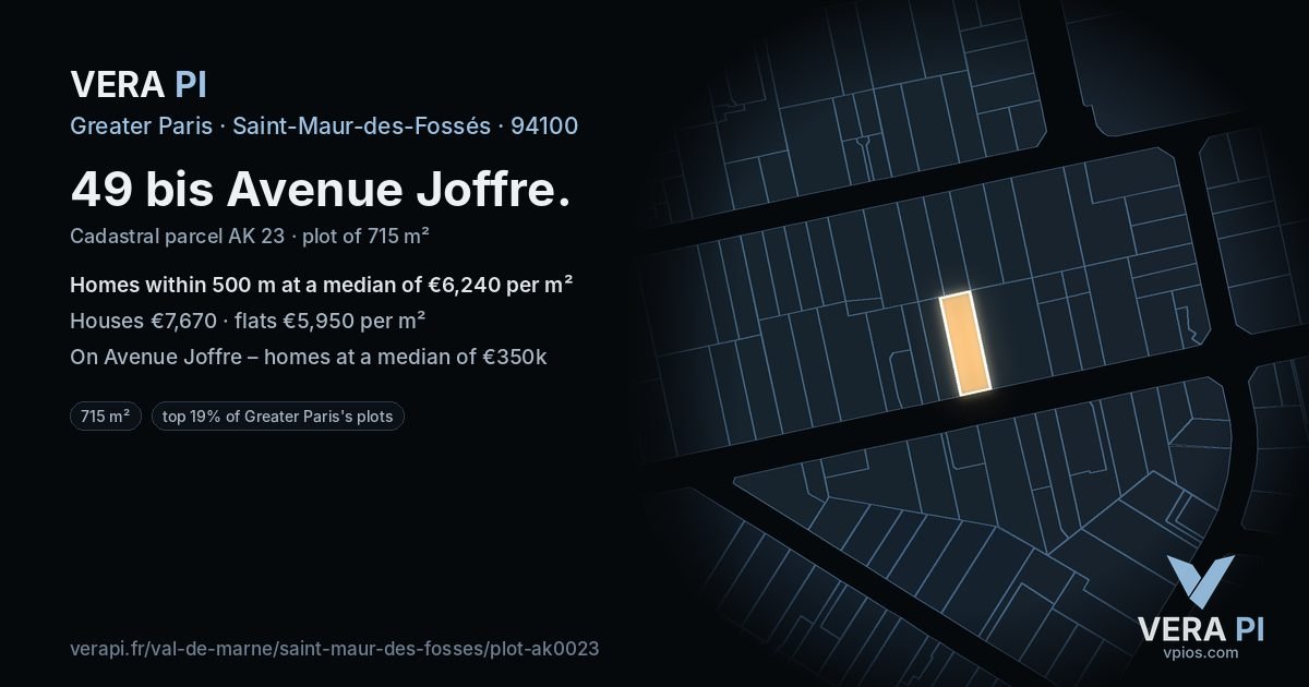 49 bis Avenue Joffre, Saint-Maur-des-Fossés at night – the plot lit, the parcels around coloured by the prices near them