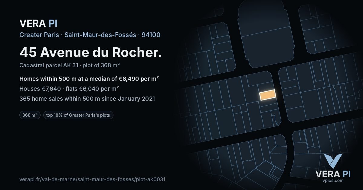 45 Avenue du Rocher, Saint-Maur-des-Fossés at night – the plot lit, the parcels around coloured by the prices near them