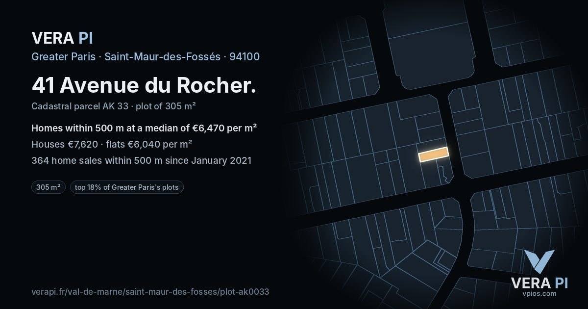 41 Avenue du Rocher, Saint-Maur-des-Fossés at night – the plot lit, the parcels around coloured by the prices near them