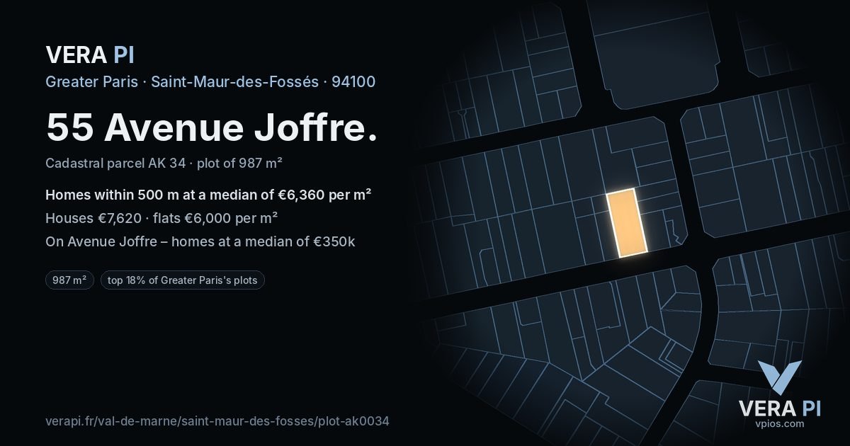 55 Avenue Joffre, Saint-Maur-des-Fossés at night – the plot lit, the parcels around coloured by the prices near them