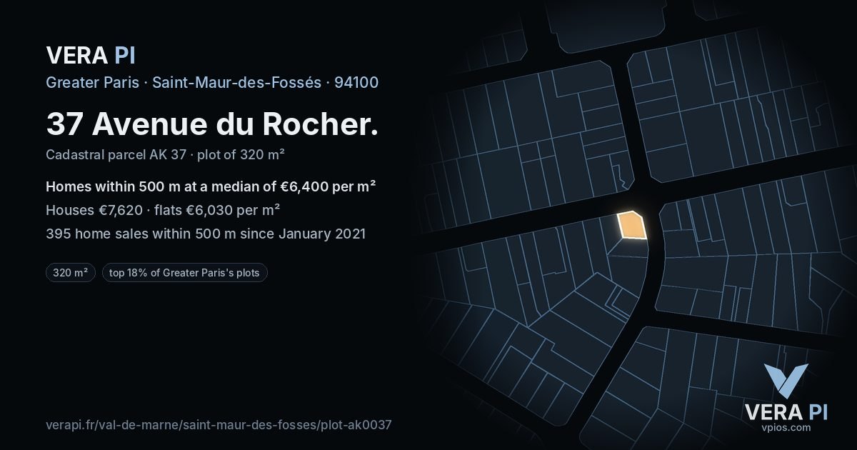 37 Avenue du Rocher, Saint-Maur-des-Fossés at night – the plot lit, the parcels around coloured by the prices near them