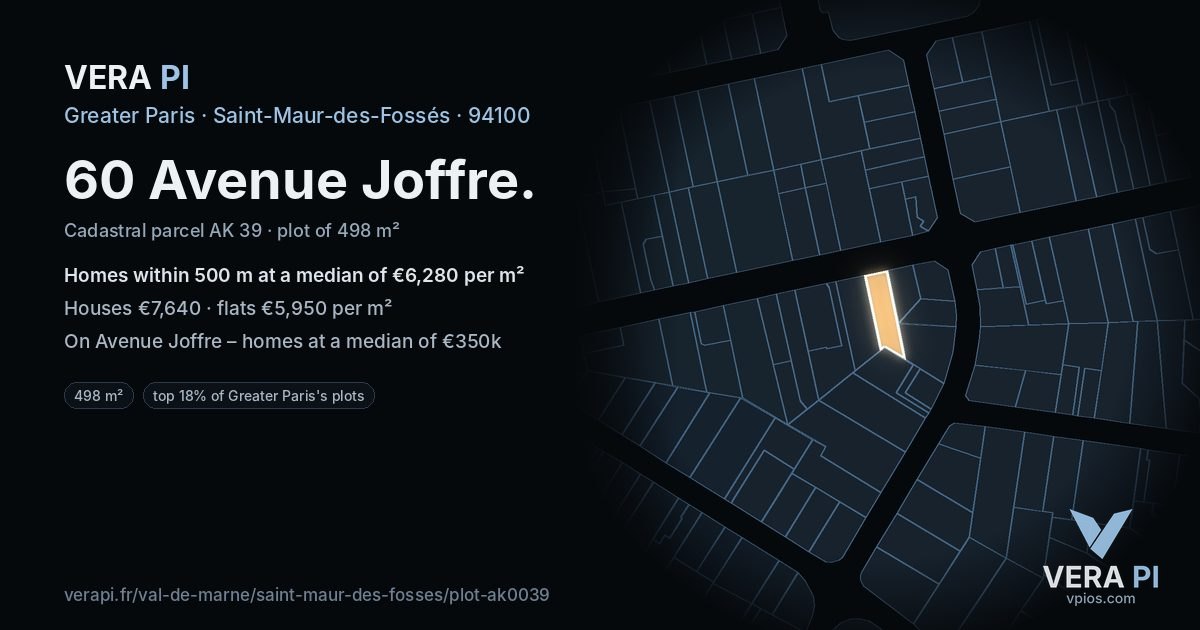 60 Avenue Joffre, Saint-Maur-des-Fossés at night – the plot lit, the parcels around coloured by the prices near them
