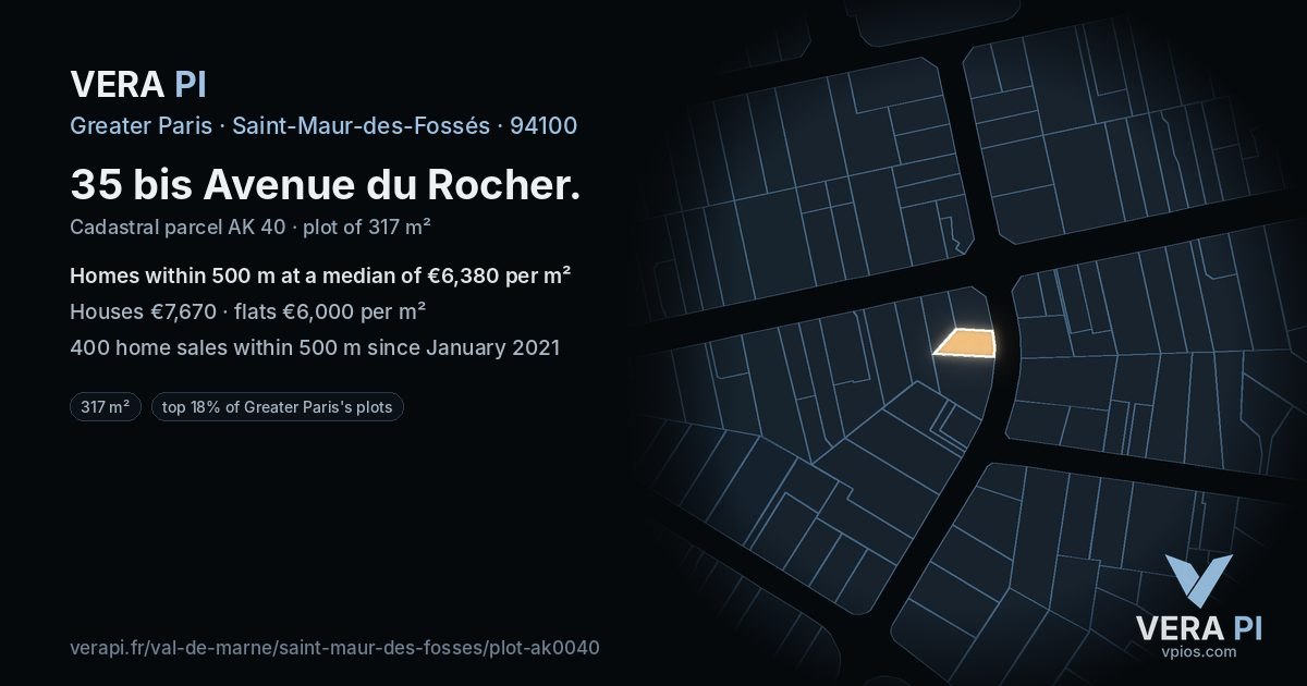 35 bis Avenue du Rocher, Saint-Maur-des-Fossés at night – the plot lit, the parcels around coloured by the prices near them