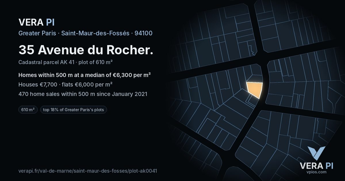 35 Avenue du Rocher, Saint-Maur-des-Fossés at night – the plot lit, the parcels around coloured by the prices near them