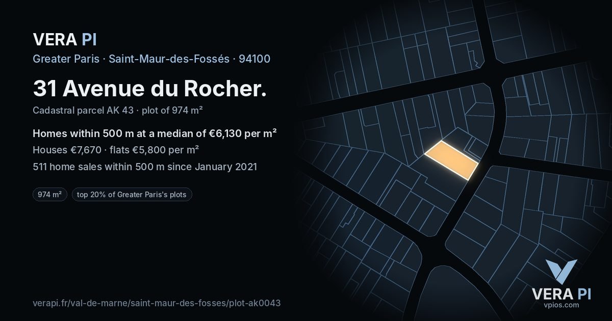 31 Avenue du Rocher, Saint-Maur-des-Fossés at night – the plot lit, the parcels around coloured by the prices near them