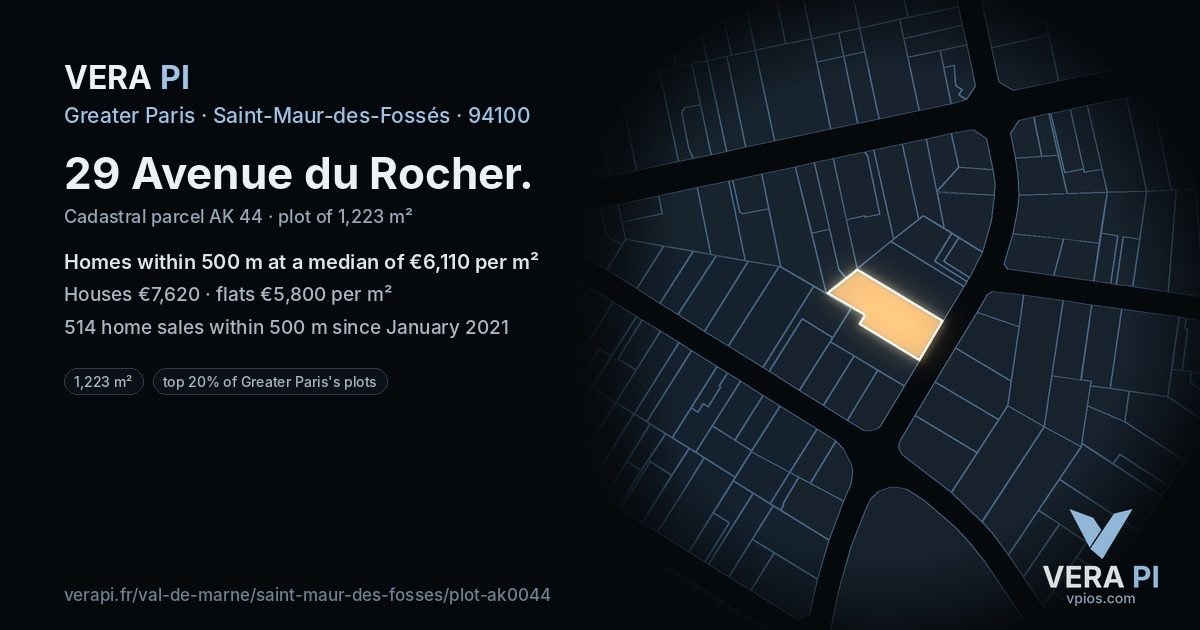 29 Avenue du Rocher, Saint-Maur-des-Fossés at night – the plot lit, the parcels around coloured by the prices near them