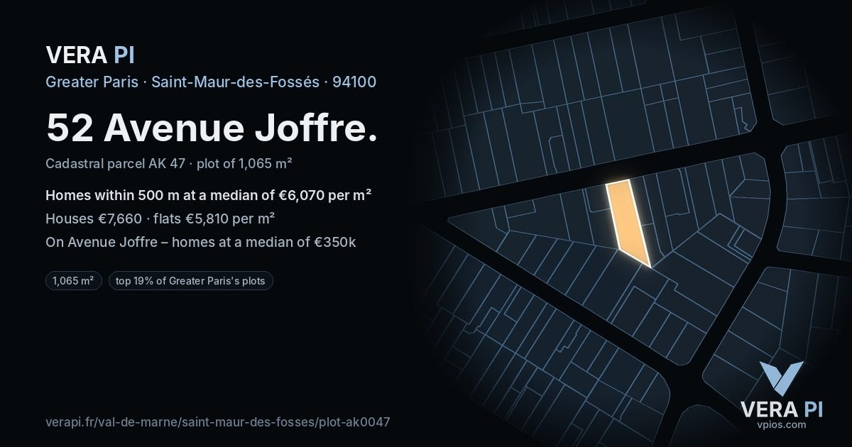 52 Avenue Joffre, Saint-Maur-des-Fossés at night – the plot lit, the parcels around coloured by the prices near them