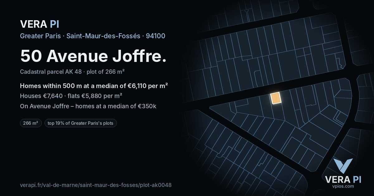 50 Avenue Joffre, Saint-Maur-des-Fossés at night – the plot lit, the parcels around coloured by the prices near them