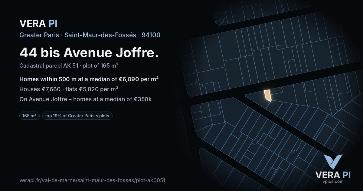 44 bis Avenue Joffre, Saint-Maur-des-Fossés at night – the plot lit, the parcels around coloured by the prices near them