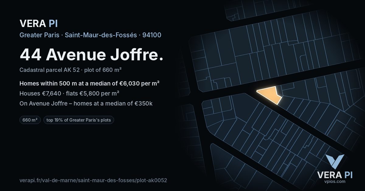 44 Avenue Joffre, Saint-Maur-des-Fossés at night – the plot lit, the parcels around coloured by the prices near them