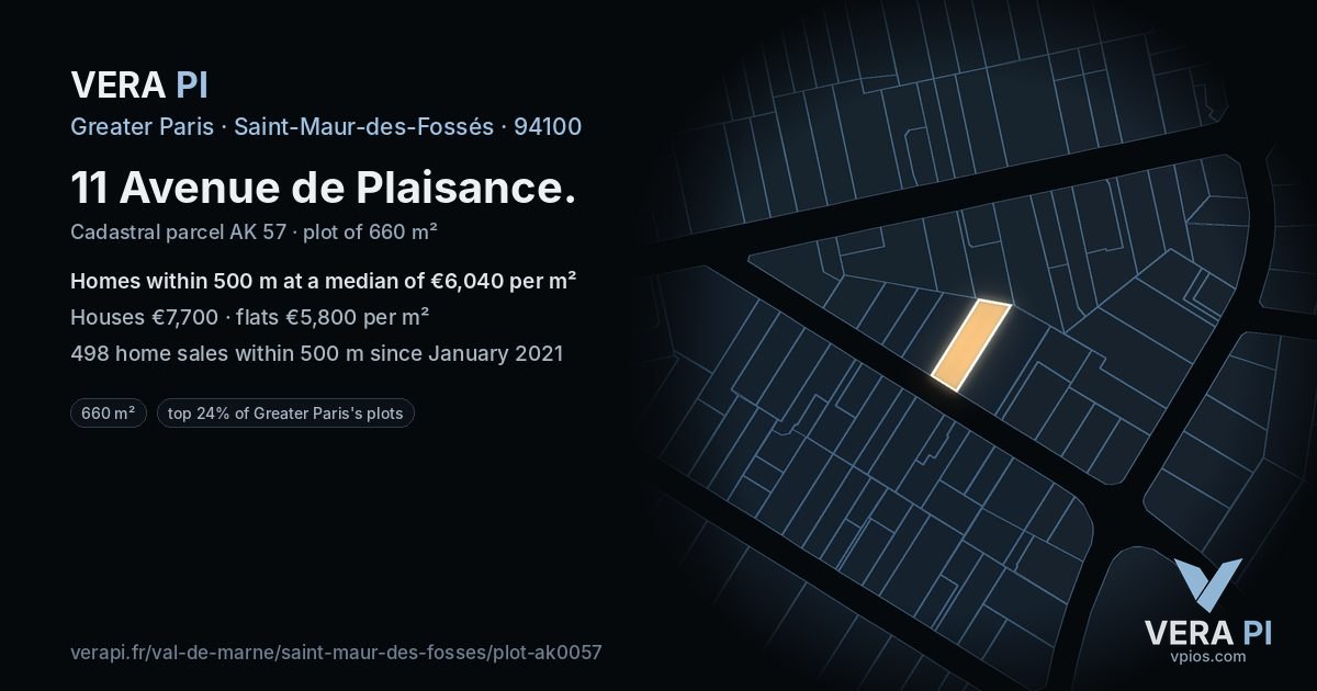 11 Avenue de Plaisance, Saint-Maur-des-Fossés at night – the plot lit, the parcels around coloured by the prices near them