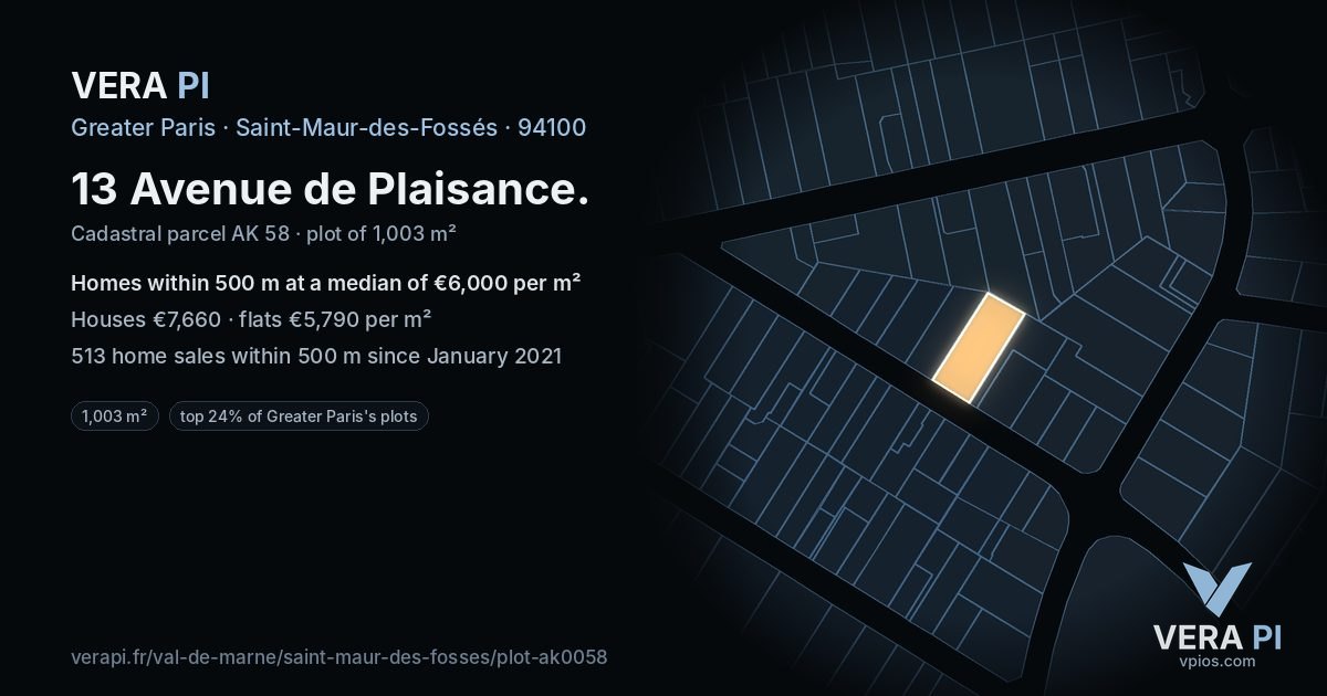 13 Avenue de Plaisance, Saint-Maur-des-Fossés at night – the plot lit, the parcels around coloured by the prices near them