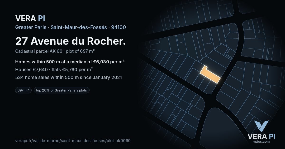27 Avenue du Rocher, Saint-Maur-des-Fossés at night – the plot lit, the parcels around coloured by the prices near them