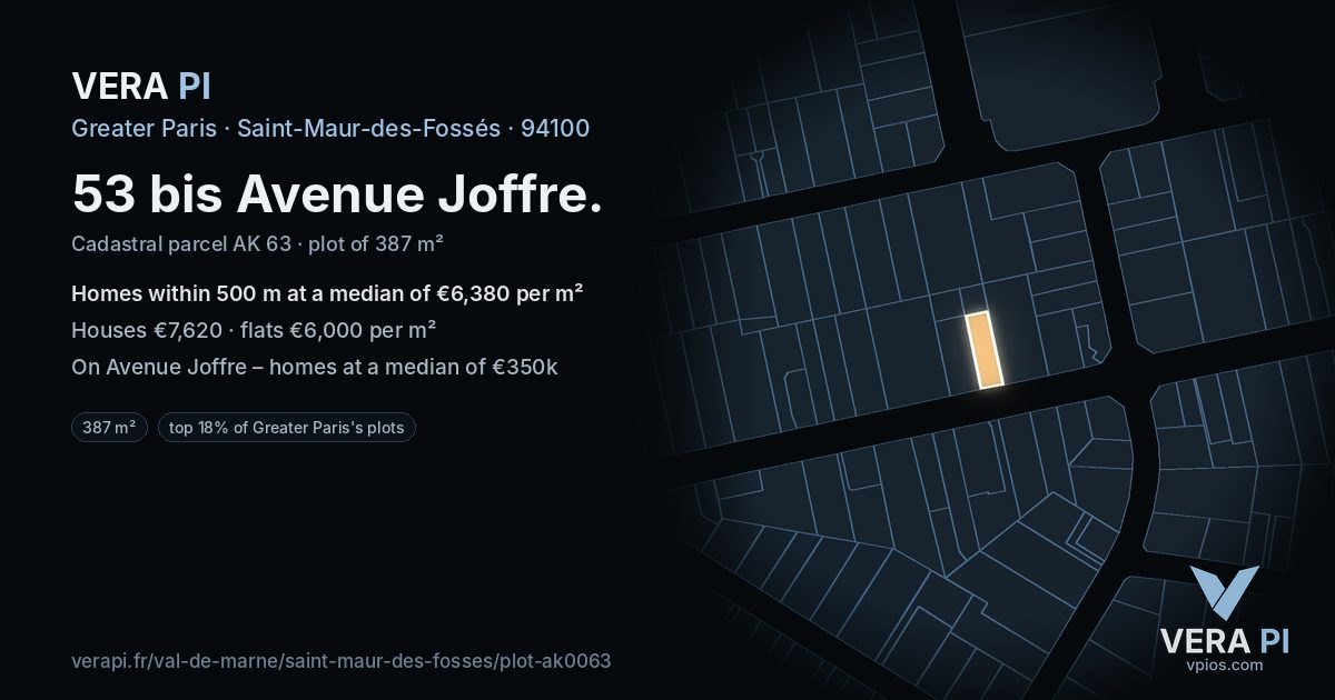53 bis Avenue Joffre, Saint-Maur-des-Fossés at night – the plot lit, the parcels around coloured by the prices near them