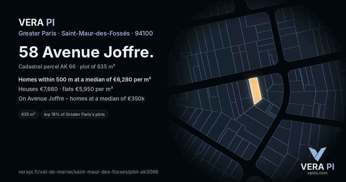 58 Avenue Joffre, Saint-Maur-des-Fossés at night – the plot lit, the parcels around coloured by the prices near them