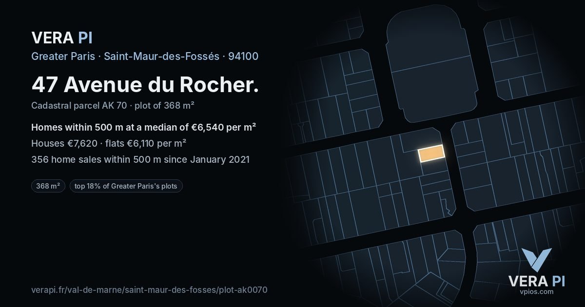 47 Avenue du Rocher, Saint-Maur-des-Fossés at night – the plot lit, the parcels around coloured by the prices near them