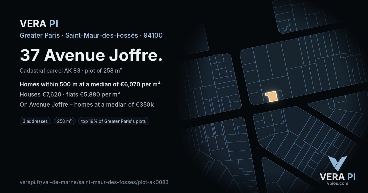 37 Avenue Joffre, Saint-Maur-des-Fossés at night – the plot lit, the parcels around coloured by the prices near them