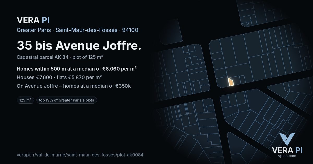 35 bis Avenue Joffre, Saint-Maur-des-Fossés at night – the plot lit, the parcels around coloured by the prices near them