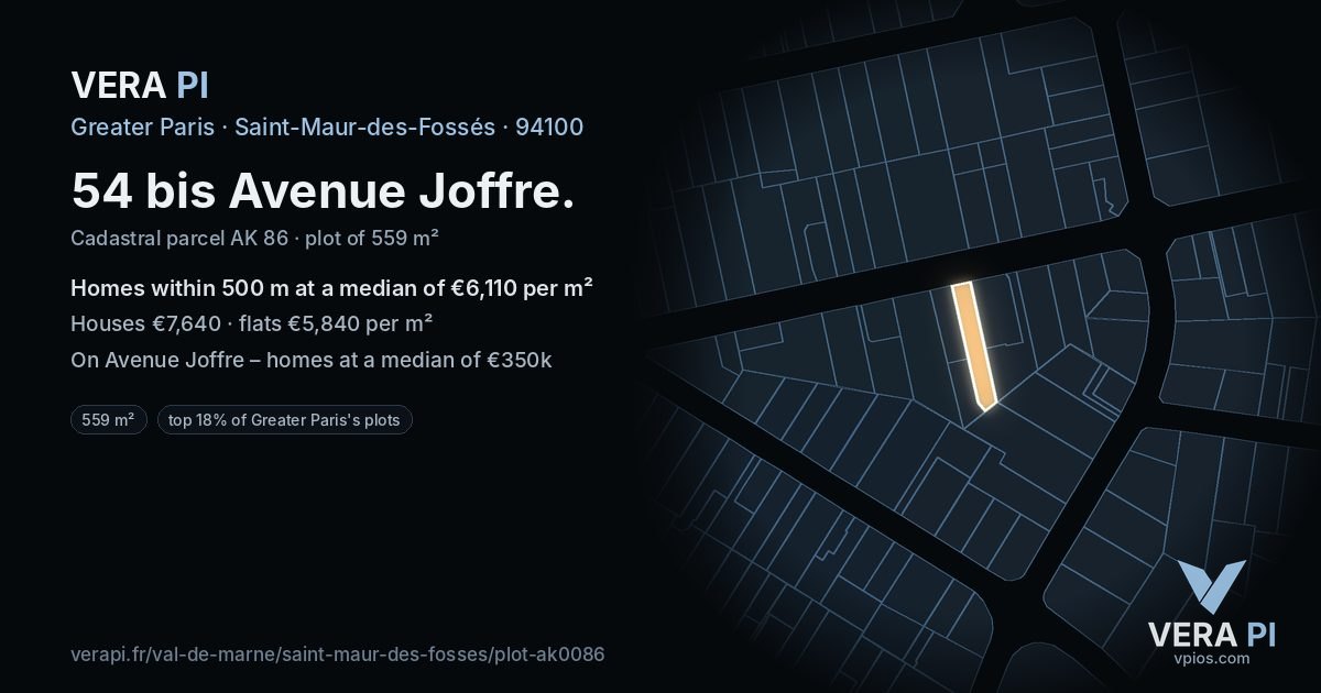 54 bis Avenue Joffre, Saint-Maur-des-Fossés at night – the plot lit, the parcels around coloured by the prices near them