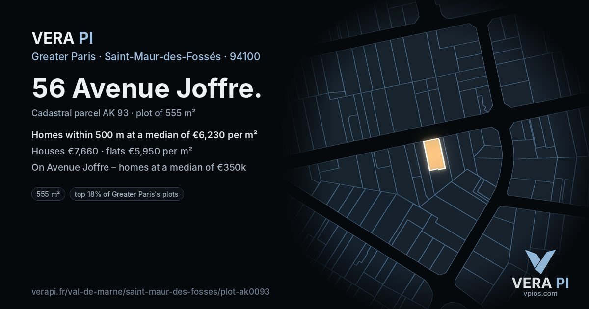 56 Avenue Joffre, Saint-Maur-des-Fossés at night – the plot lit, the parcels around coloured by the prices near them