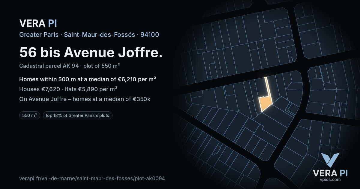 56 bis Avenue Joffre, Saint-Maur-des-Fossés at night – the plot lit, the parcels around coloured by the prices near them