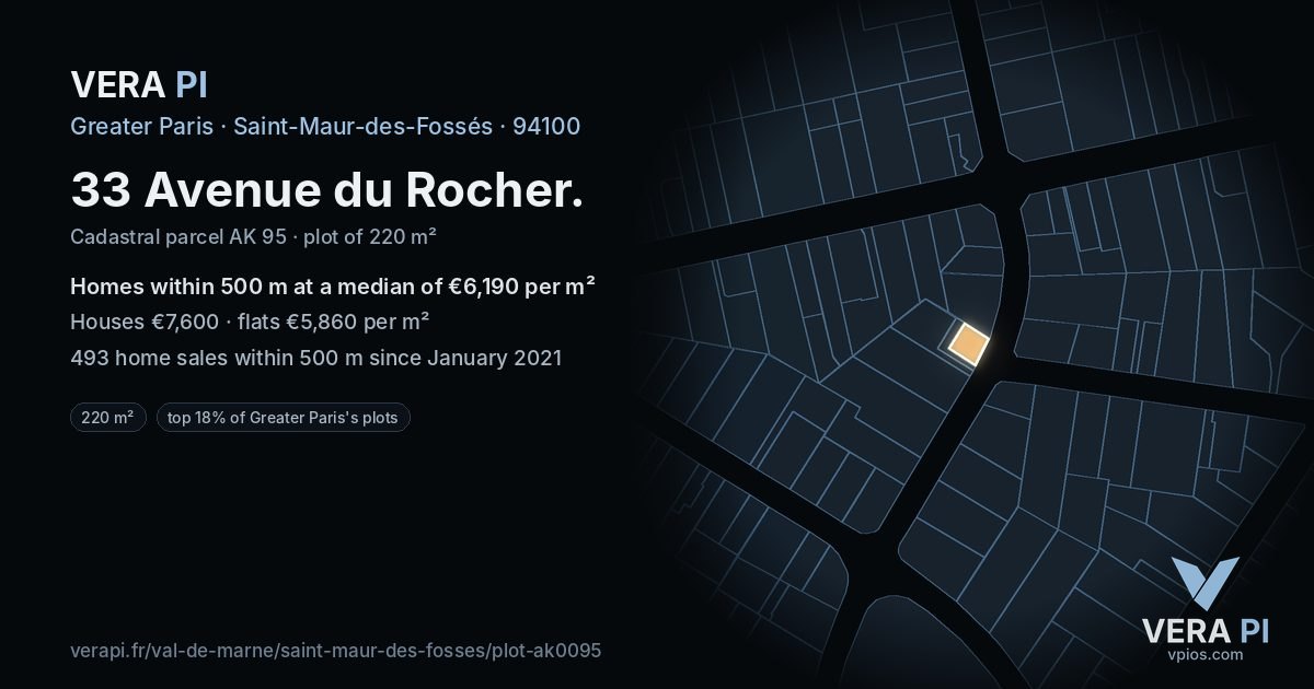 33 Avenue du Rocher, Saint-Maur-des-Fossés at night – the plot lit, the parcels around coloured by the prices near them