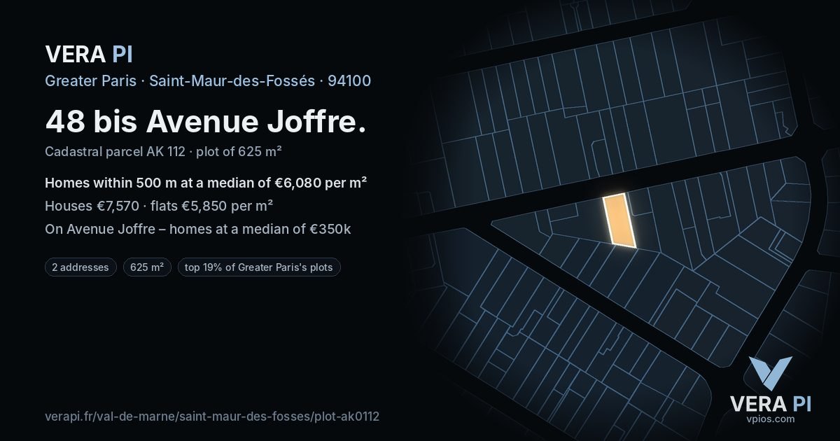 48 bis Avenue Joffre, Saint-Maur-des-Fossés at night – the plot lit, the parcels around coloured by the prices near them