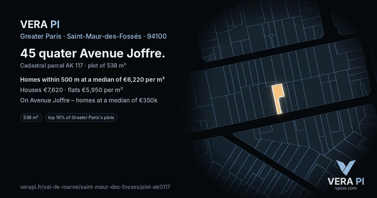 45 quater Avenue Joffre, Saint-Maur-des-Fossés at night – the plot lit, the parcels around coloured by the prices near them