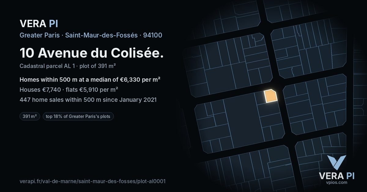 10 Avenue du Colisée, Saint-Maur-des-Fossés at night – the plot lit, the parcels around coloured by the prices near them