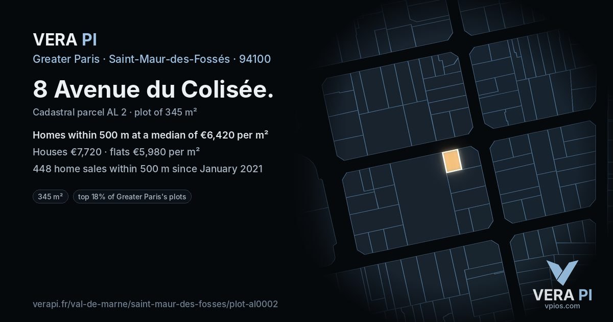 8 Avenue du Colisée, Saint-Maur-des-Fossés at night – the plot lit, the parcels around coloured by the prices near them