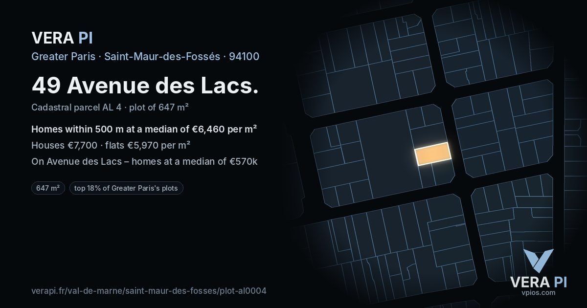 49 Avenue des Lacs, Saint-Maur-des-Fossés at night – the plot lit, the parcels around coloured by the prices near them