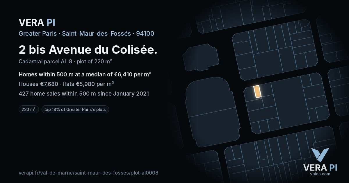 2 bis Avenue du Colisée, Saint-Maur-des-Fossés at night – the plot lit, the parcels around coloured by the prices near them