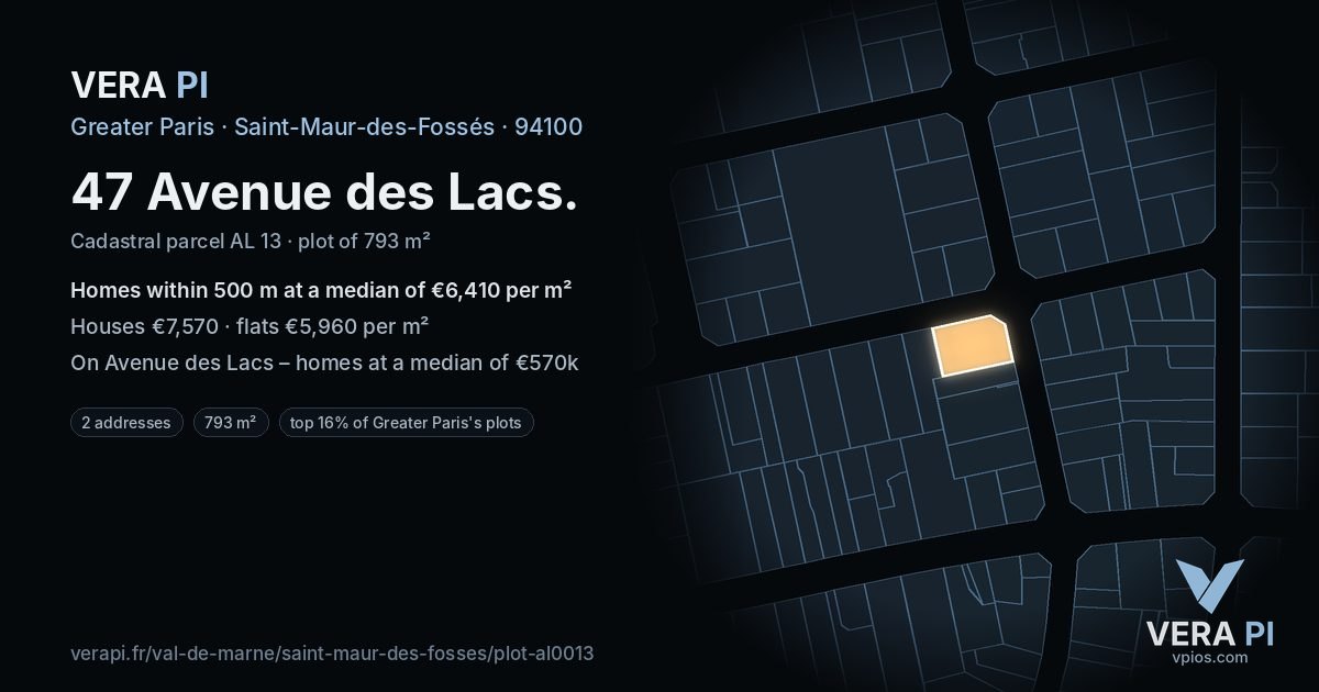 47 Avenue des Lacs, Saint-Maur-des-Fossés at night – the plot lit, the parcels around coloured by the prices near them