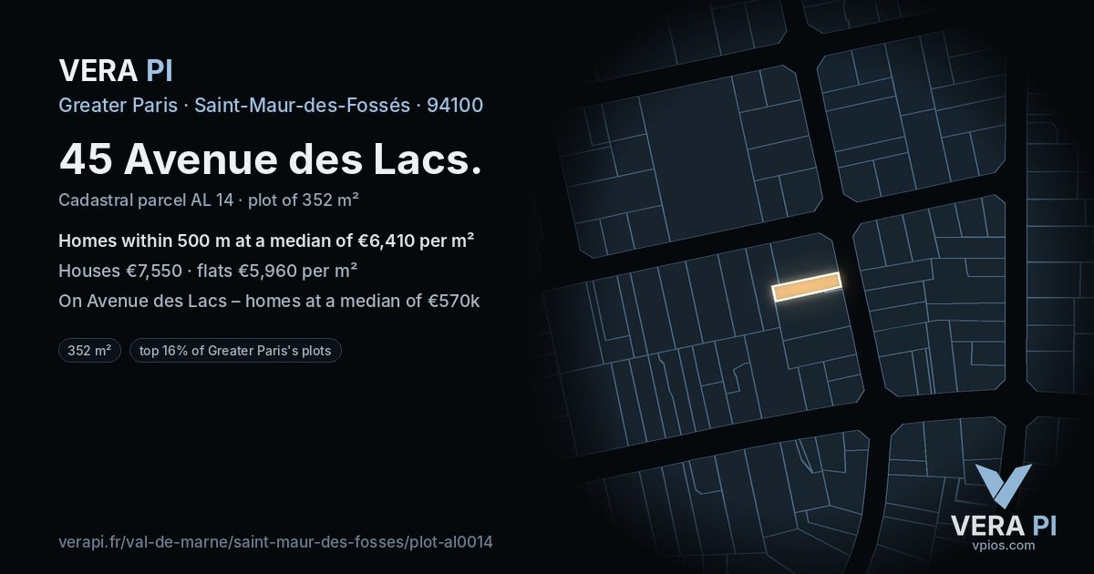 45 Avenue des Lacs, Saint-Maur-des-Fossés at night – the plot lit, the parcels around coloured by the prices near them