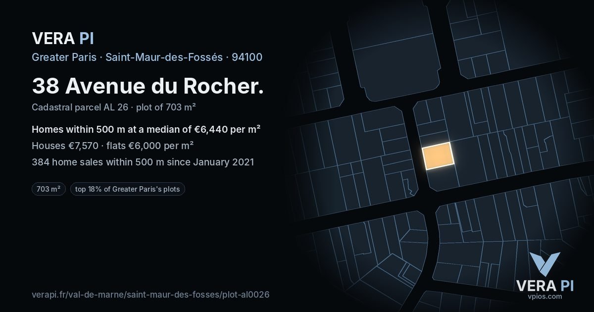 38 Avenue du Rocher, Saint-Maur-des-Fossés at night – the plot lit, the parcels around coloured by the prices near them