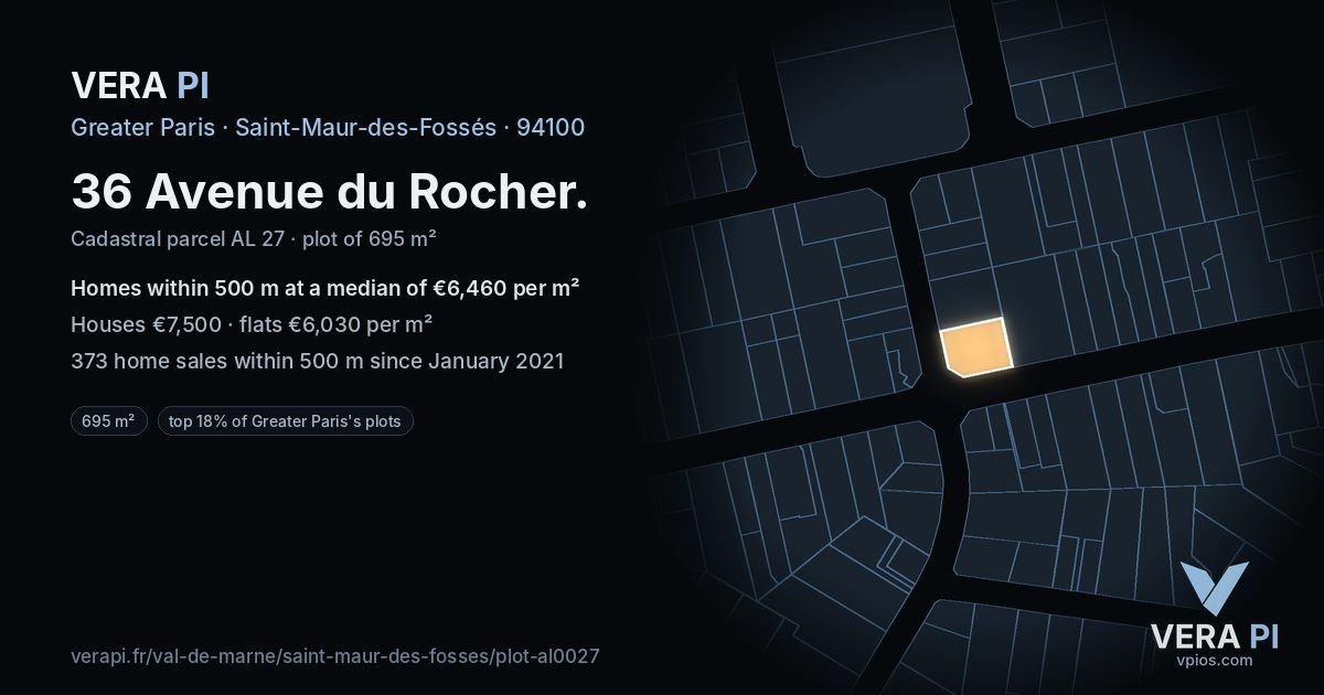 36 Avenue du Rocher, Saint-Maur-des-Fossés at night – the plot lit, the parcels around coloured by the prices near them
