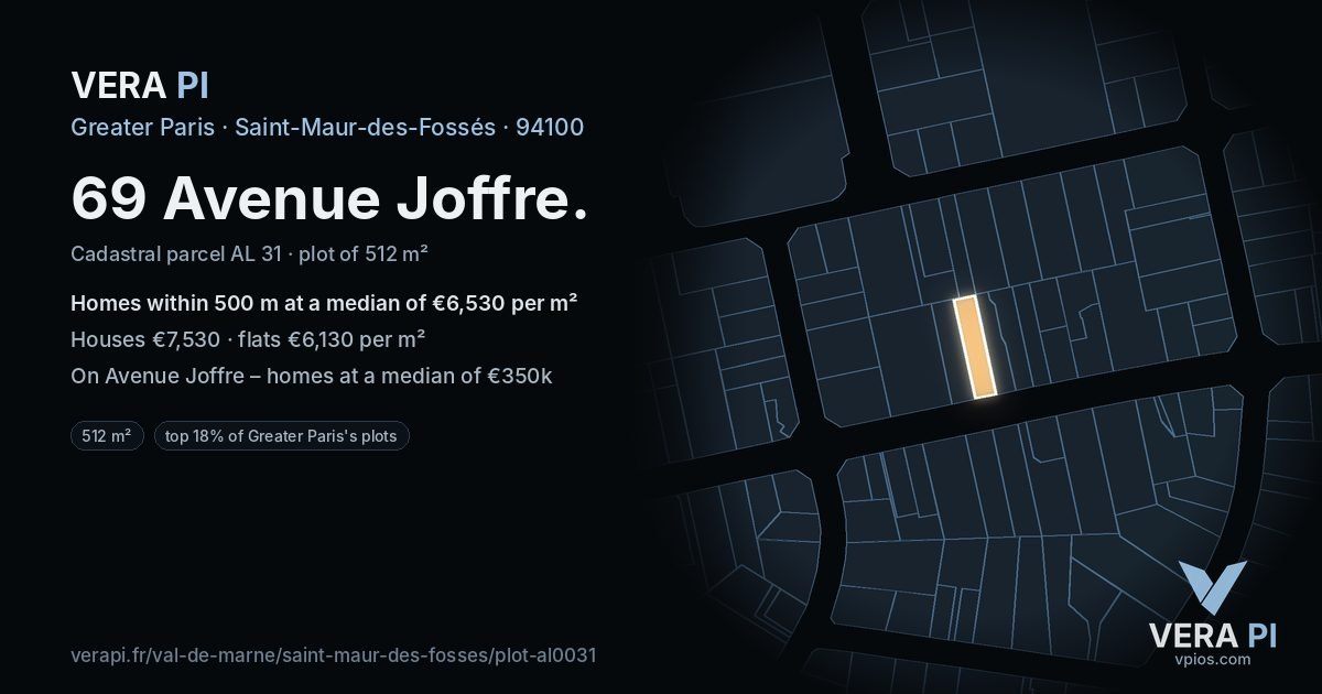 69 Avenue Joffre, Saint-Maur-des-Fossés at night – the plot lit, the parcels around coloured by the prices near them