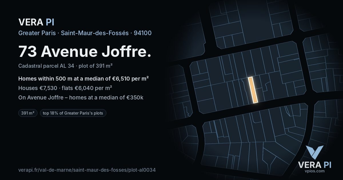 73 Avenue Joffre, Saint-Maur-des-Fossés at night – the plot lit, the parcels around coloured by the prices near them