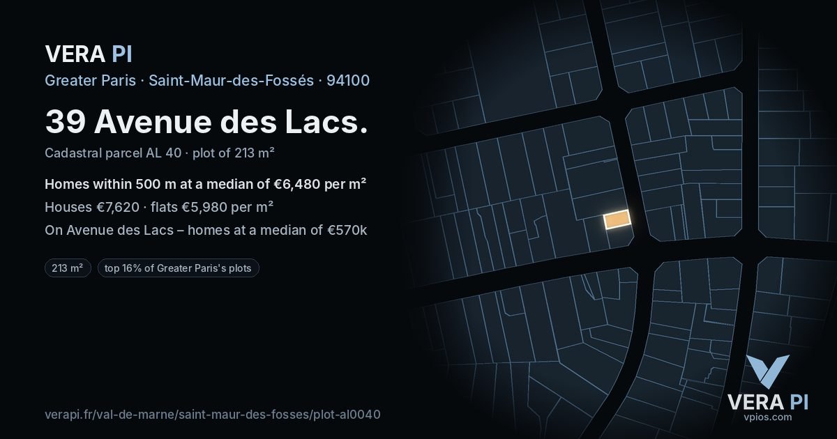 39 Avenue des Lacs, Saint-Maur-des-Fossés at night – the plot lit, the parcels around coloured by the prices near them