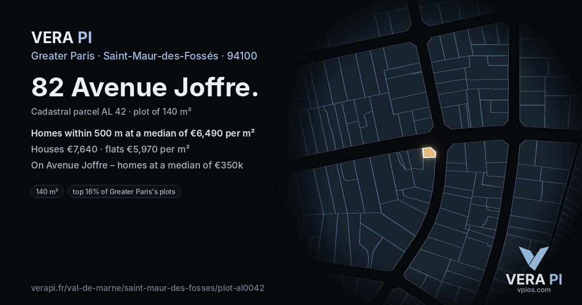 82 Avenue Joffre, Saint-Maur-des-Fossés at night – the plot lit, the parcels around coloured by the prices near them